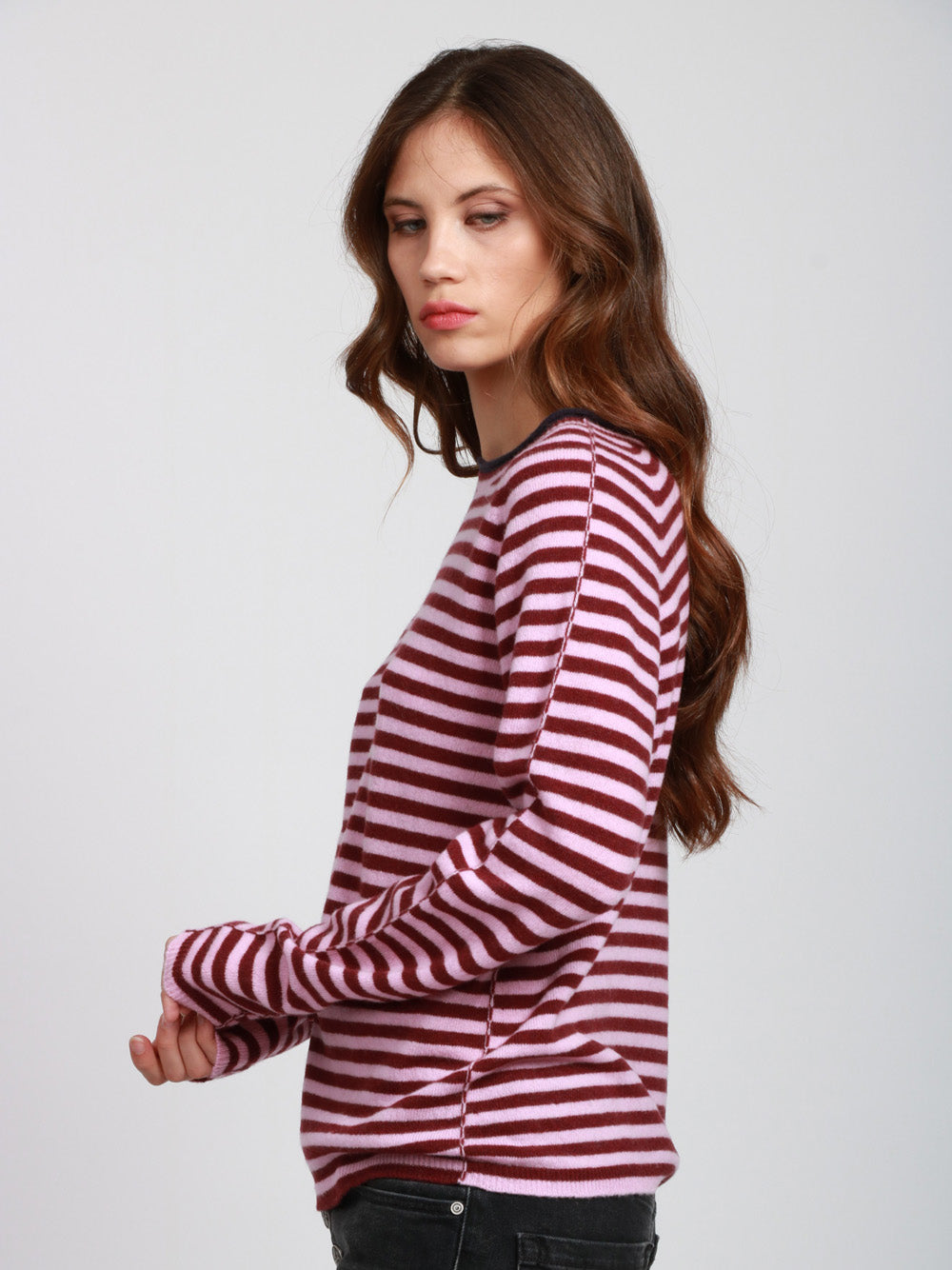 FLOOR Maglia Girocollo in Lana Merinos a Righe Bordeaux Rosa Bordeaux/rosa