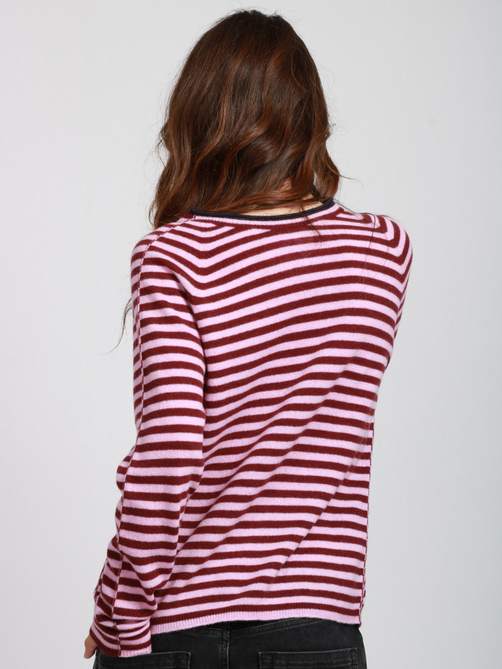 FLOOR Maglia Girocollo in Lana Merinos a Righe Bordeaux Rosa Bordeaux/rosa