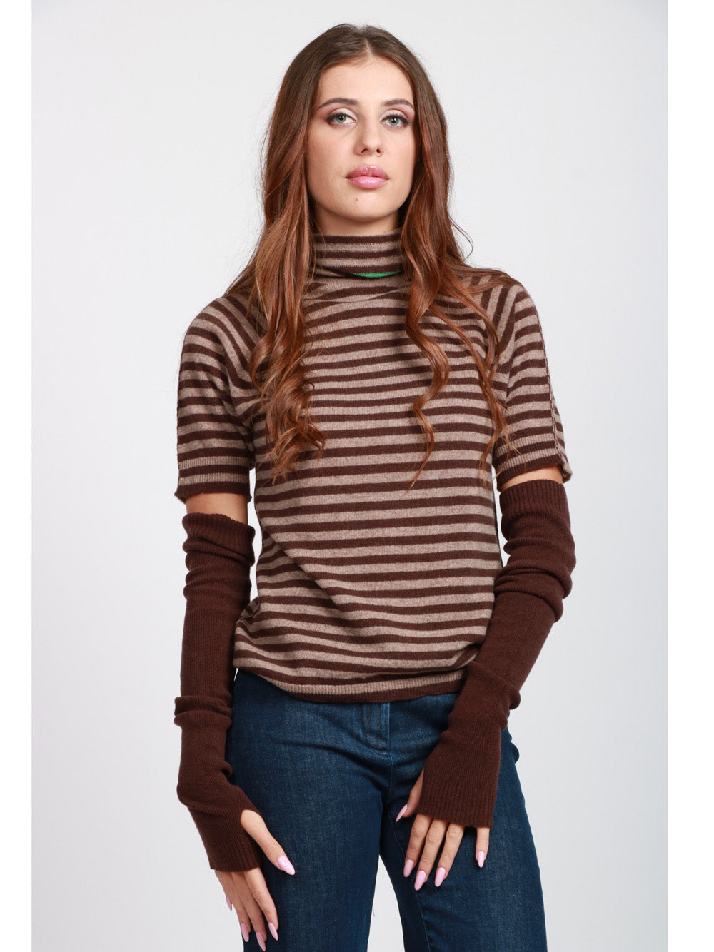 FLOOR Maglia in Lana Merino a Righe Marrone e Tortora con Manicotti Marrone/fango