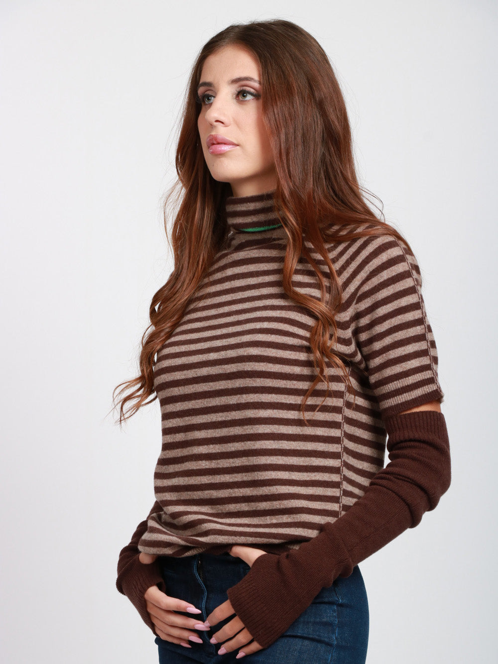 FLOOR Maglia in Lana Merino a Righe Marrone e Tortora con Manicotti Marrone/fango