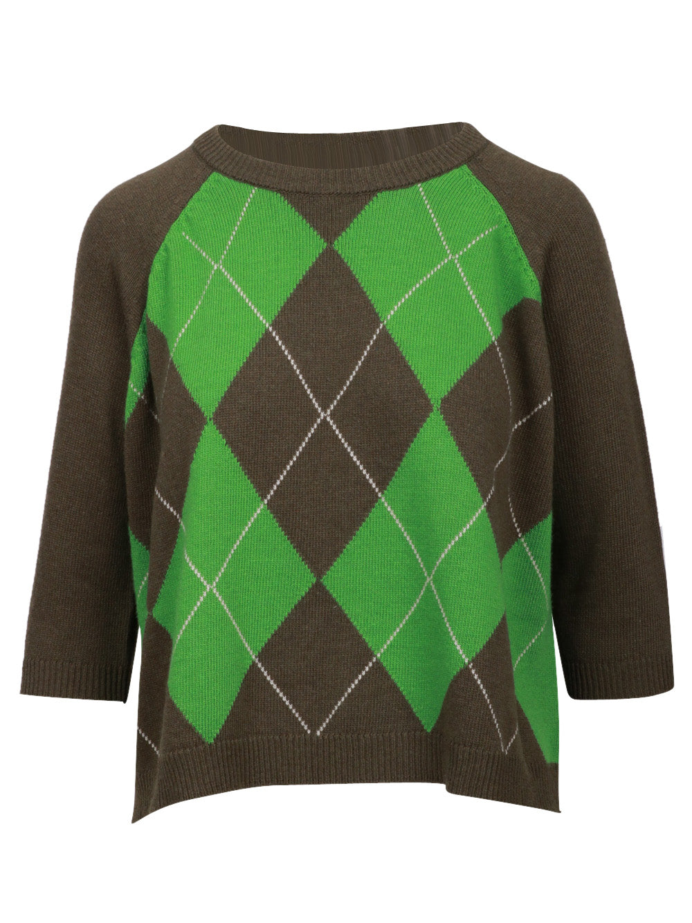 FLOOR Maglia Girocollo in Misto Lana e Cashmere Verde con Rombi Verde