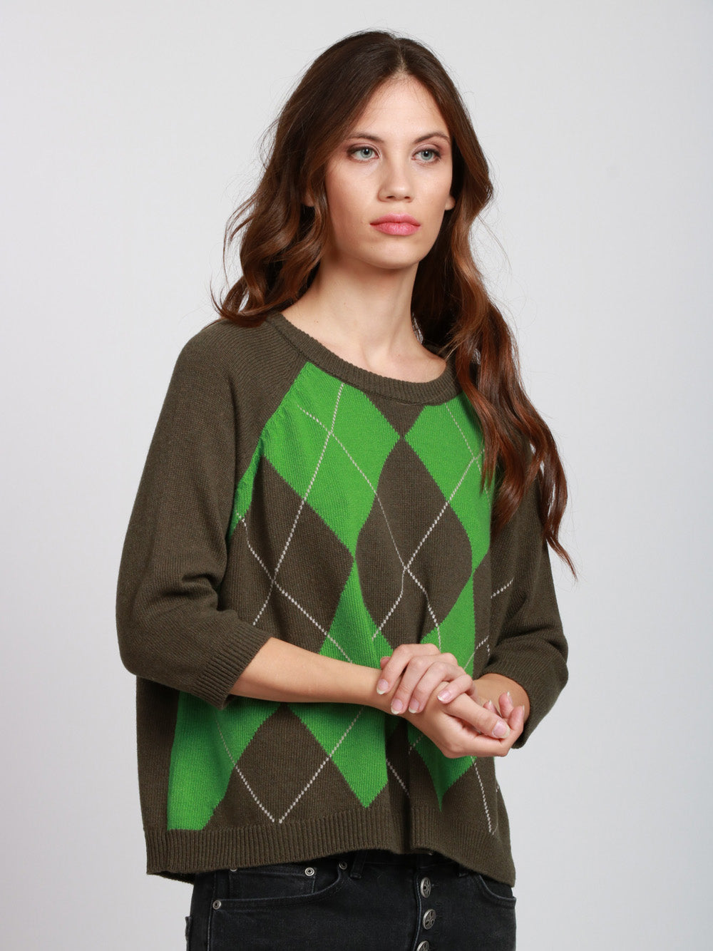 FLOOR Maglia Girocollo in Misto Lana e Cashmere Verde con Rombi Verde