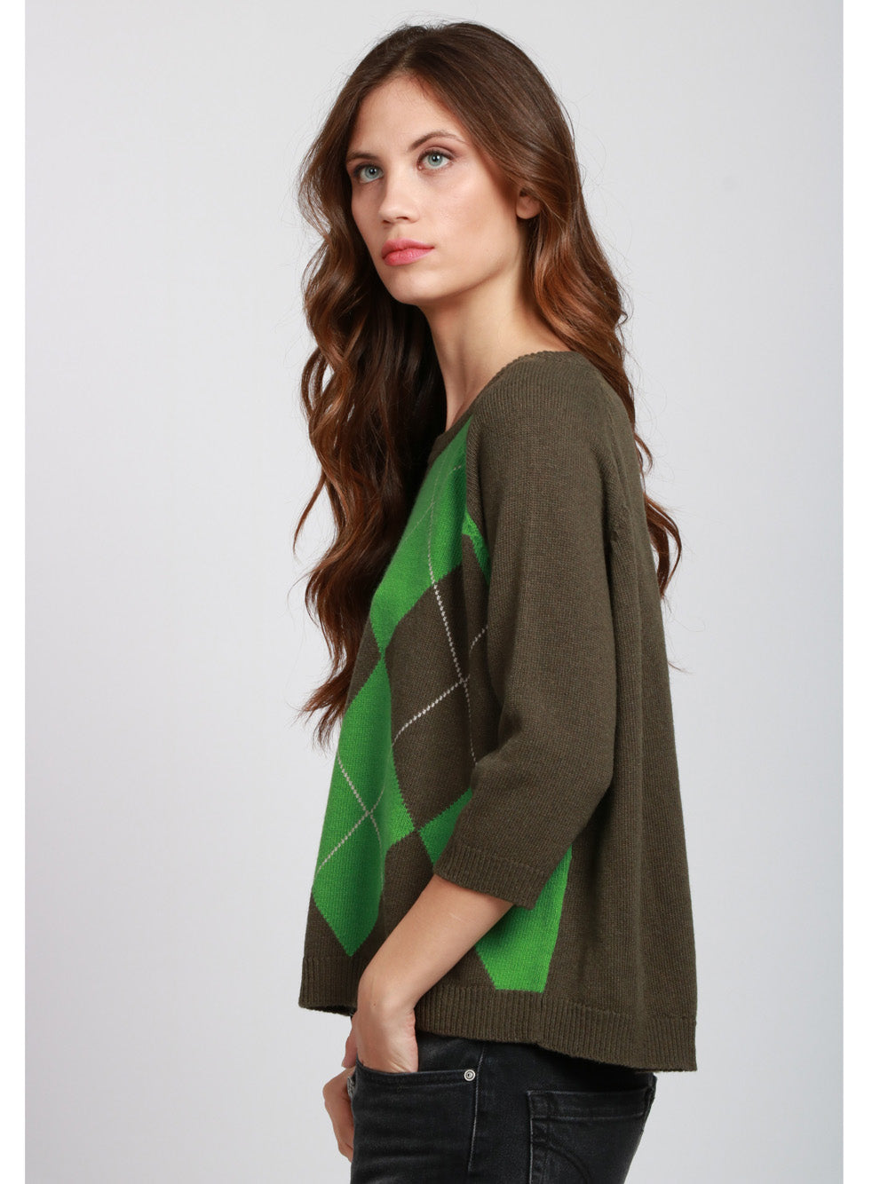 FLOOR Maglia Girocollo in Misto Lana e Cashmere Verde con Rombi Verde