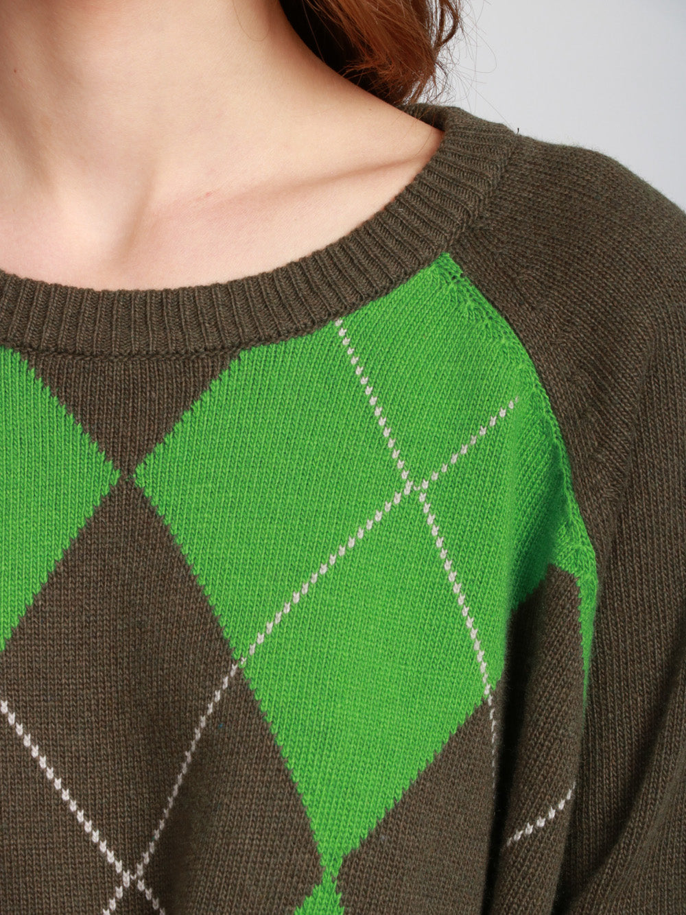 FLOOR Maglia Girocollo in Misto Lana e Cashmere Verde con Rombi Verde
