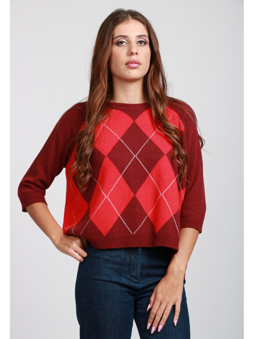 FLOOR Maglia Girocollo in Misto Lana e Cashmere Bordeaux con Rombi Rosso/bordeau