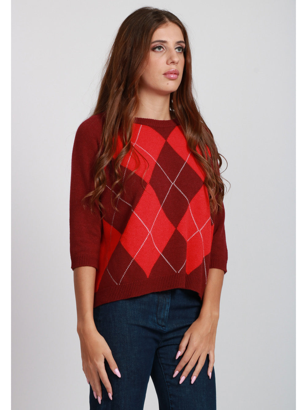 FLOOR Maglia Girocollo in Misto Lana e Cashmere Bordeaux con Rombi Rosso/bordeau
