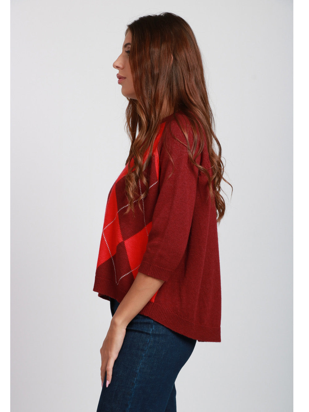 FLOOR Maglia Girocollo in Misto Lana e Cashmere Bordeaux con Rombi Rosso/bordeau