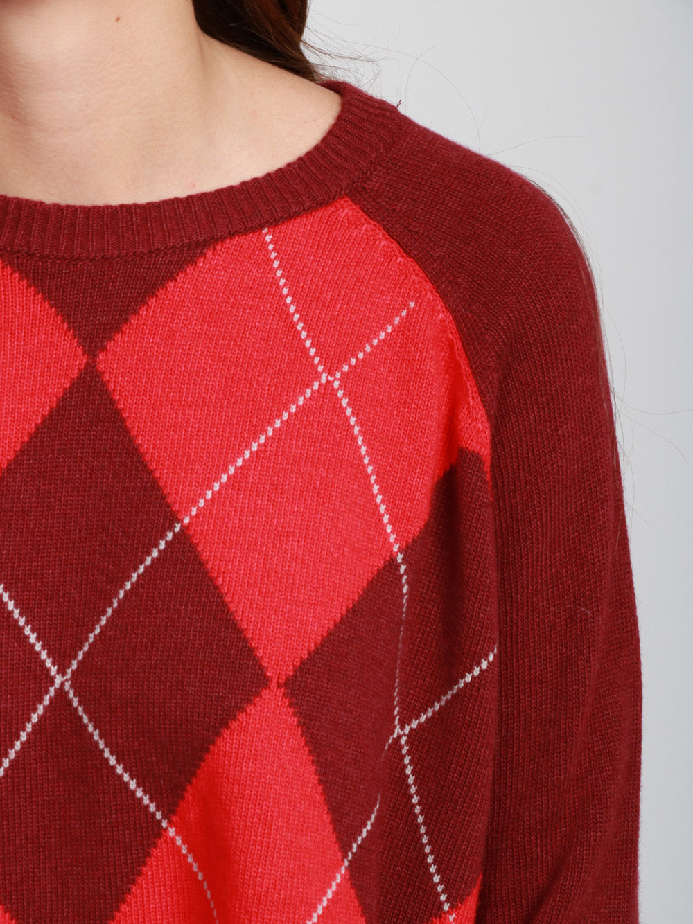 FLOOR Maglia Girocollo in Misto Lana e Cashmere Bordeaux con Rombi Rosso/bordeau