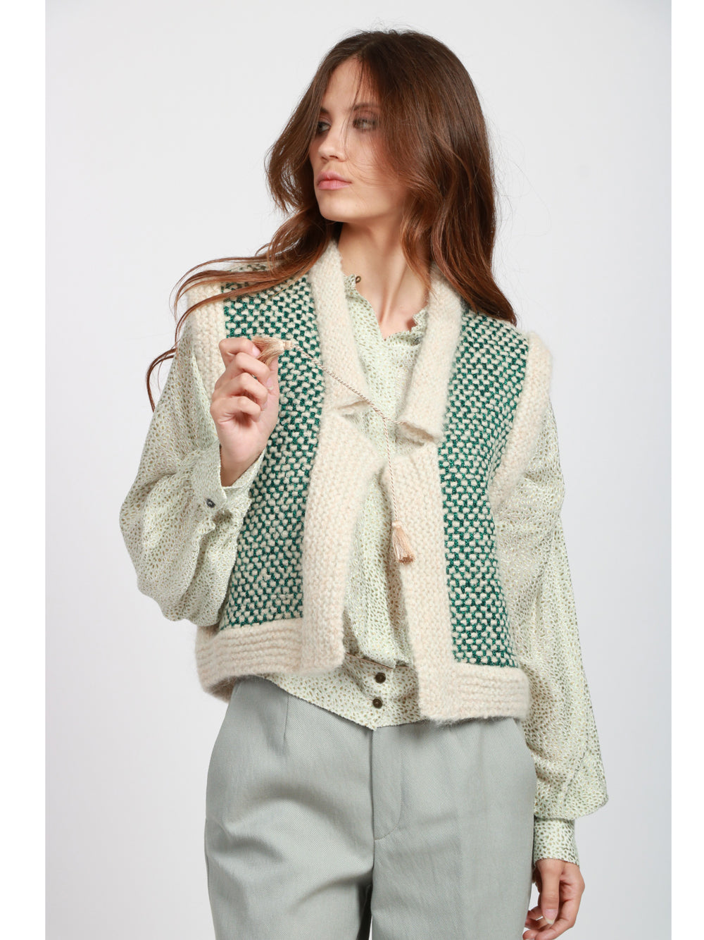 FORTE FORTE Gilet in Tweed Beige e Verde Beige/verde