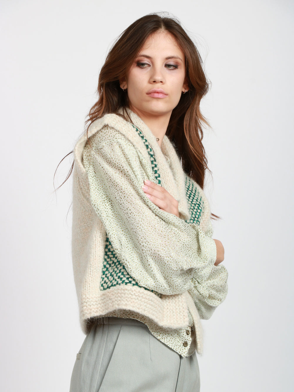 FORTE FORTE Gilet in Tweed Beige e Verde Beige/verde
