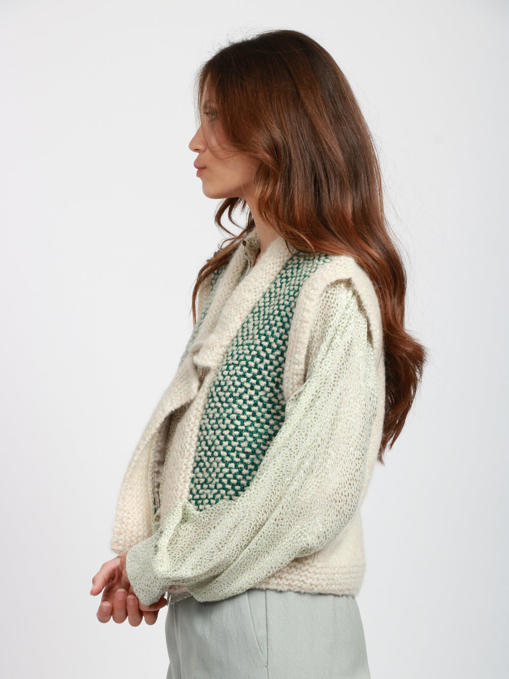 FORTE FORTE Gilet in Tweed Beige e Verde Beige/verde