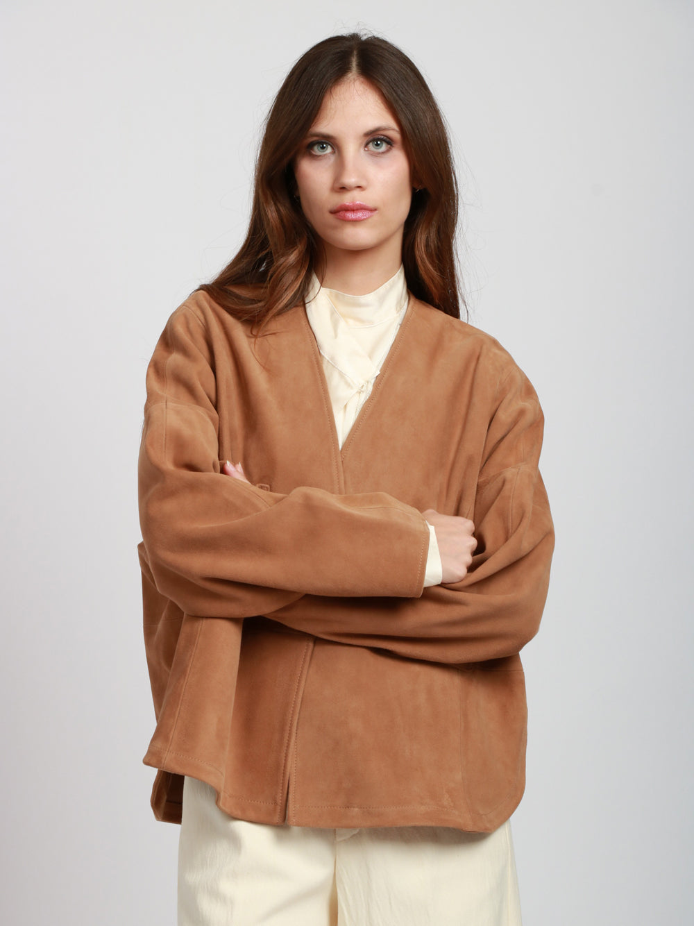FORTE FORTE Giacca Kimono in Suede Camel Destrutturata Camel
