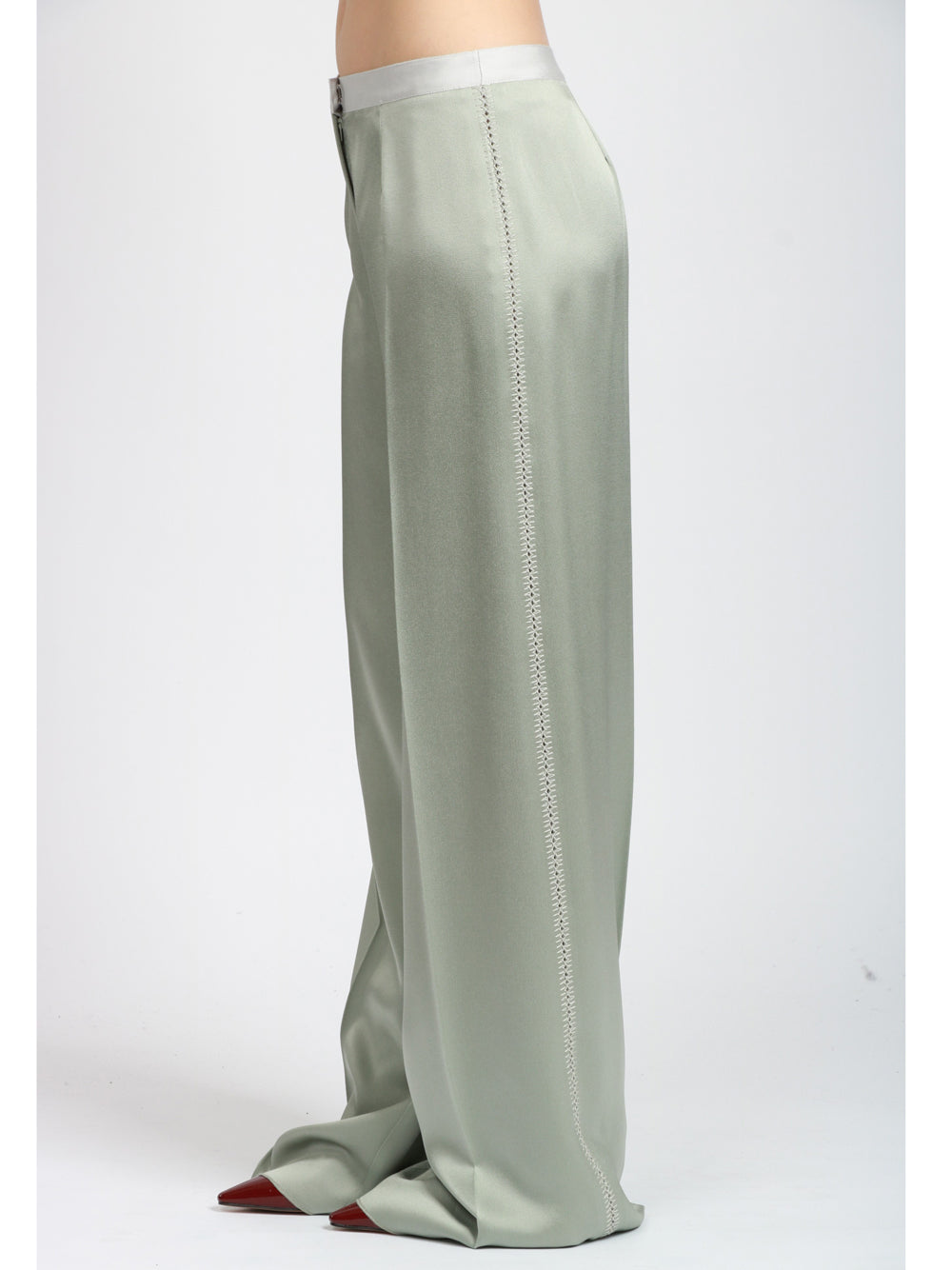 FORTE FORTE Pantaloni in Raso Polvere con Ricamo Salvia