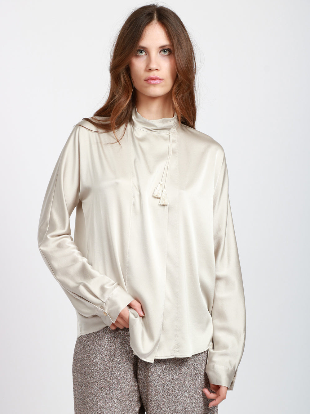 FORTE FORTE Camicia a Kimono in Raso Grigio Perla Perla
