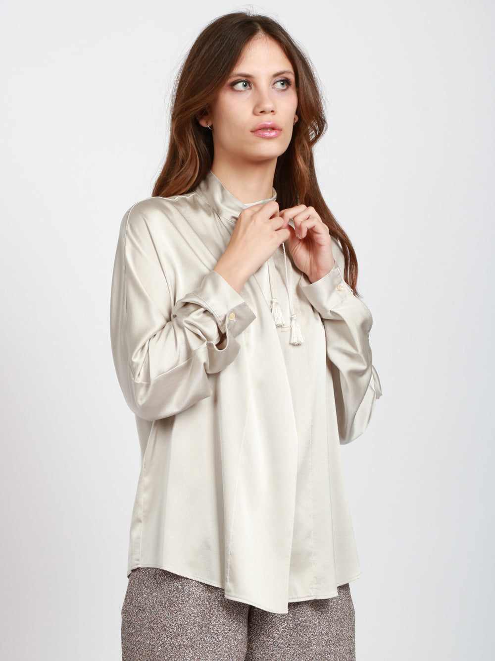 FORTE FORTE Camicia a Kimono in Raso Grigio Perla Perla