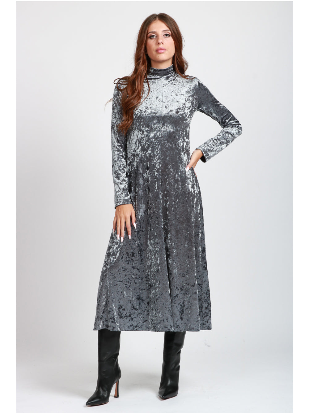 FORTE FORTE Vestito in Velluto Grigio a Collo Alto Grigio