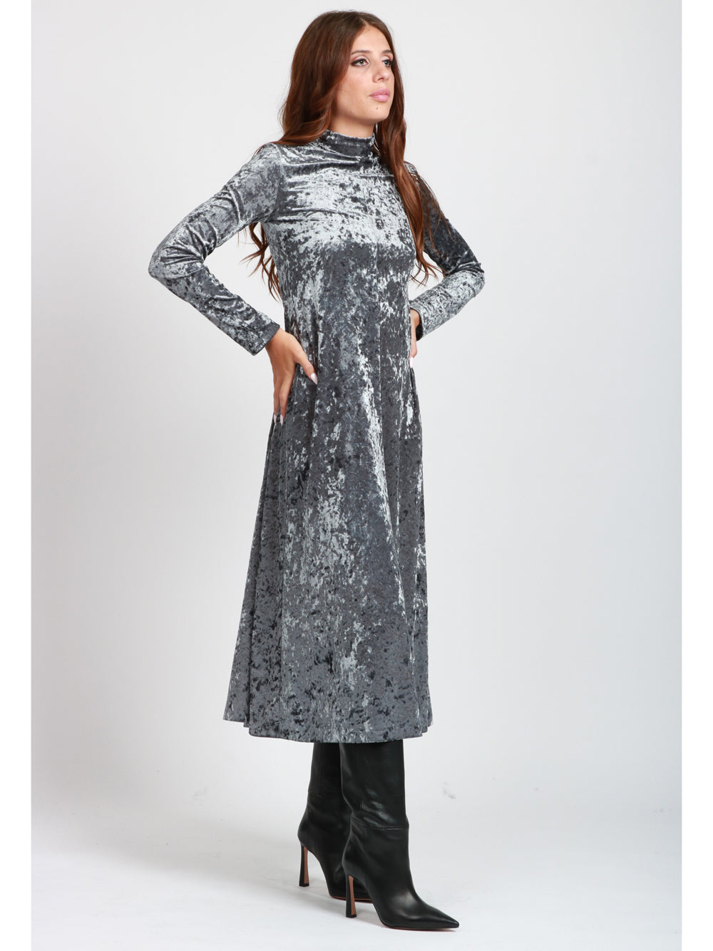 FORTE FORTE Vestito in Velluto Grigio a Collo Alto Grigio