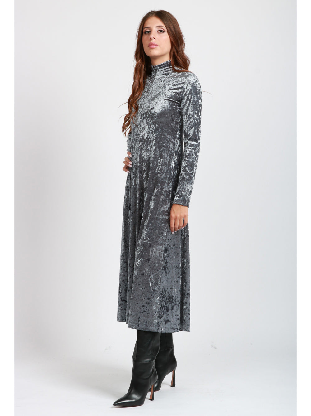 FORTE FORTE Vestito in Velluto Grigio a Collo Alto Grigio