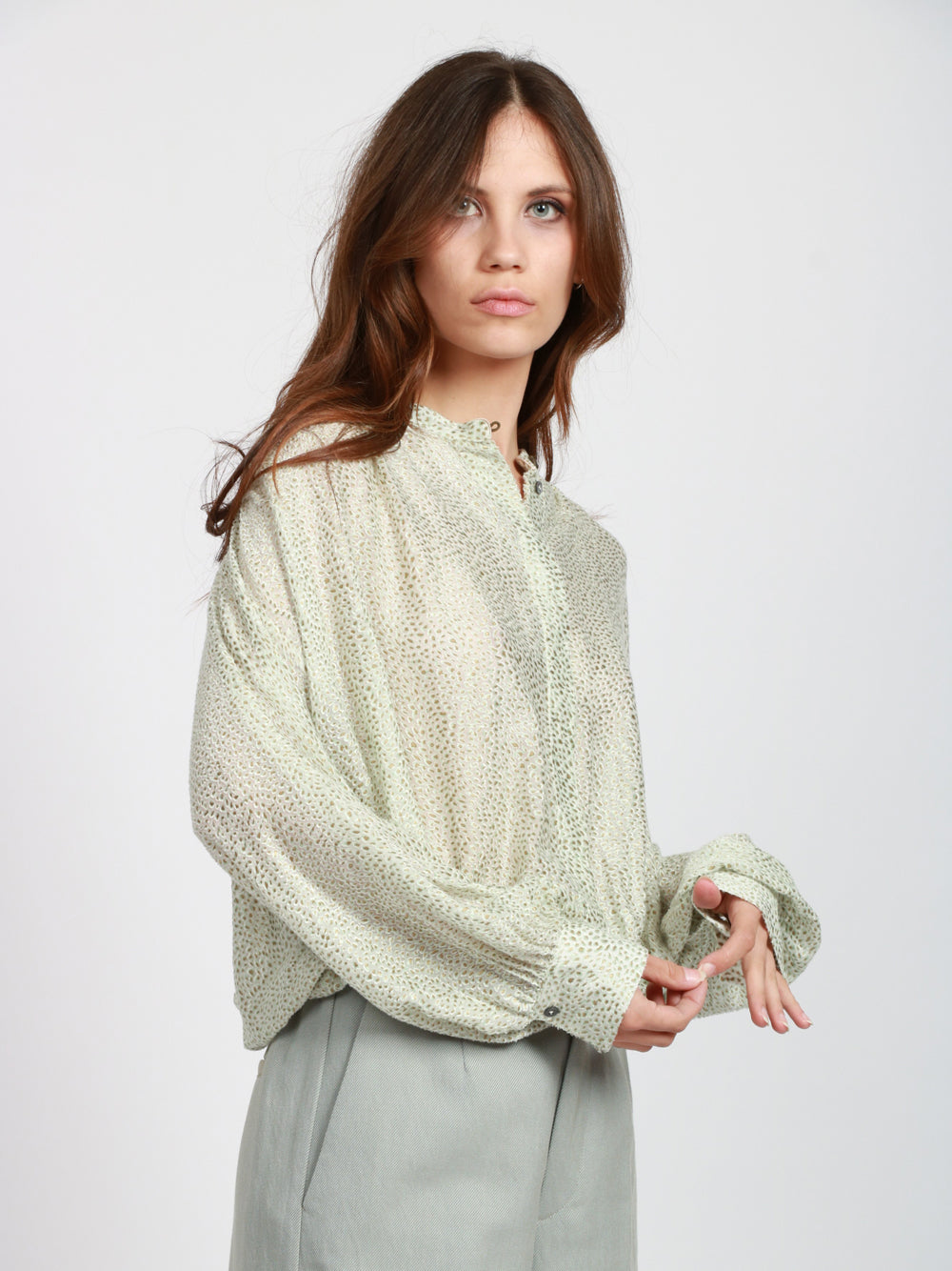 FORTE FORTE Camicia in Raso Verde Salvia con Fantasia Salvia