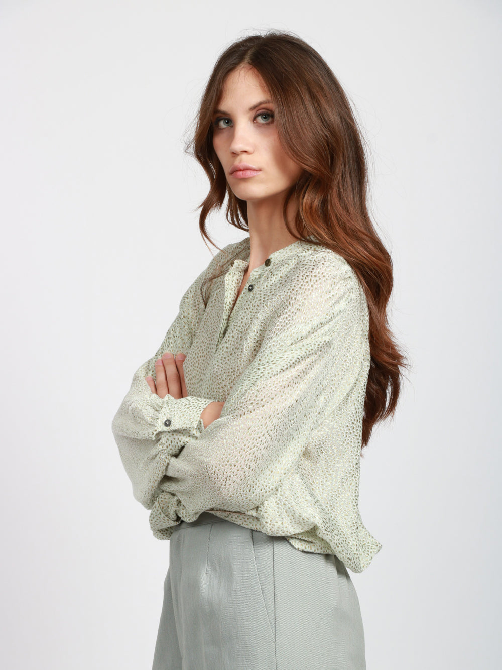 FORTE FORTE Camicia in Raso Verde Salvia con Fantasia Salvia