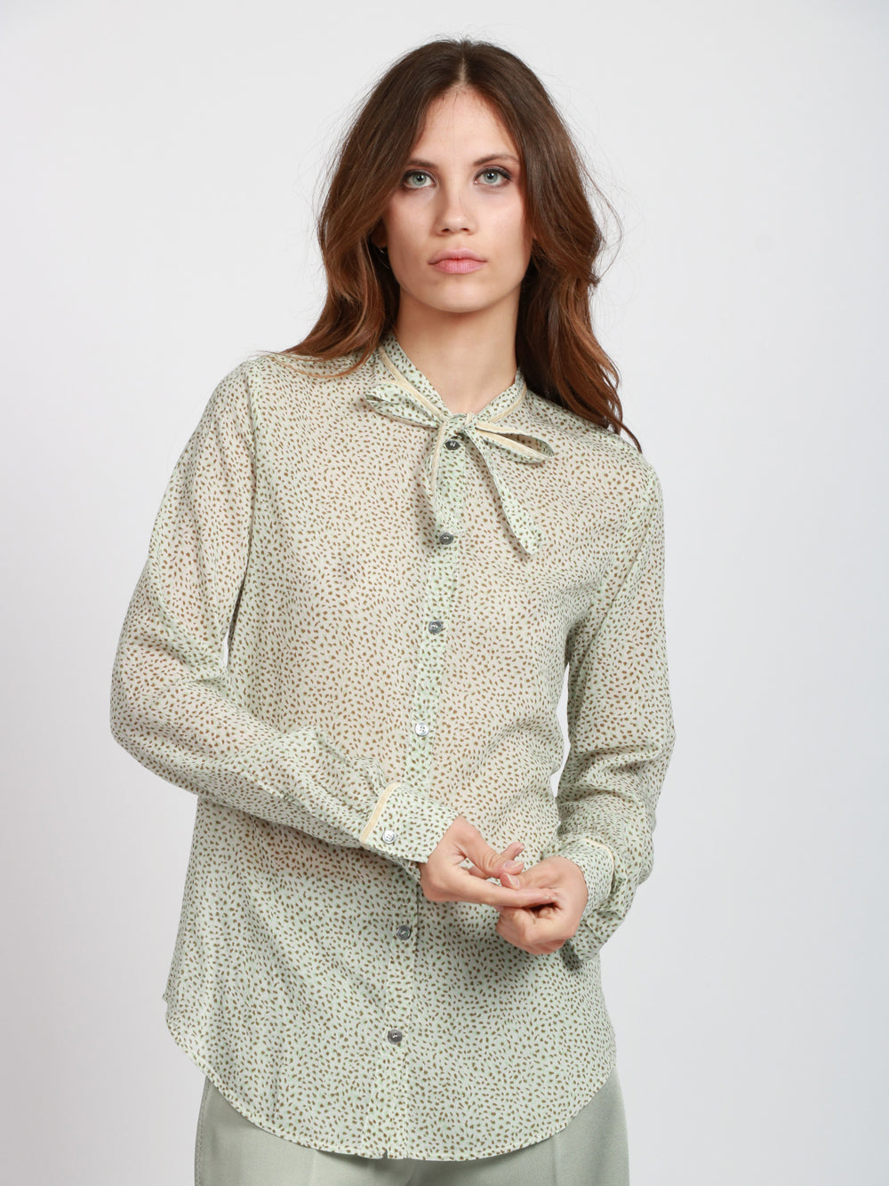 FORTE FORTE Camicia in Cotone e Seta Verde Salvia con Fantasia Salvia