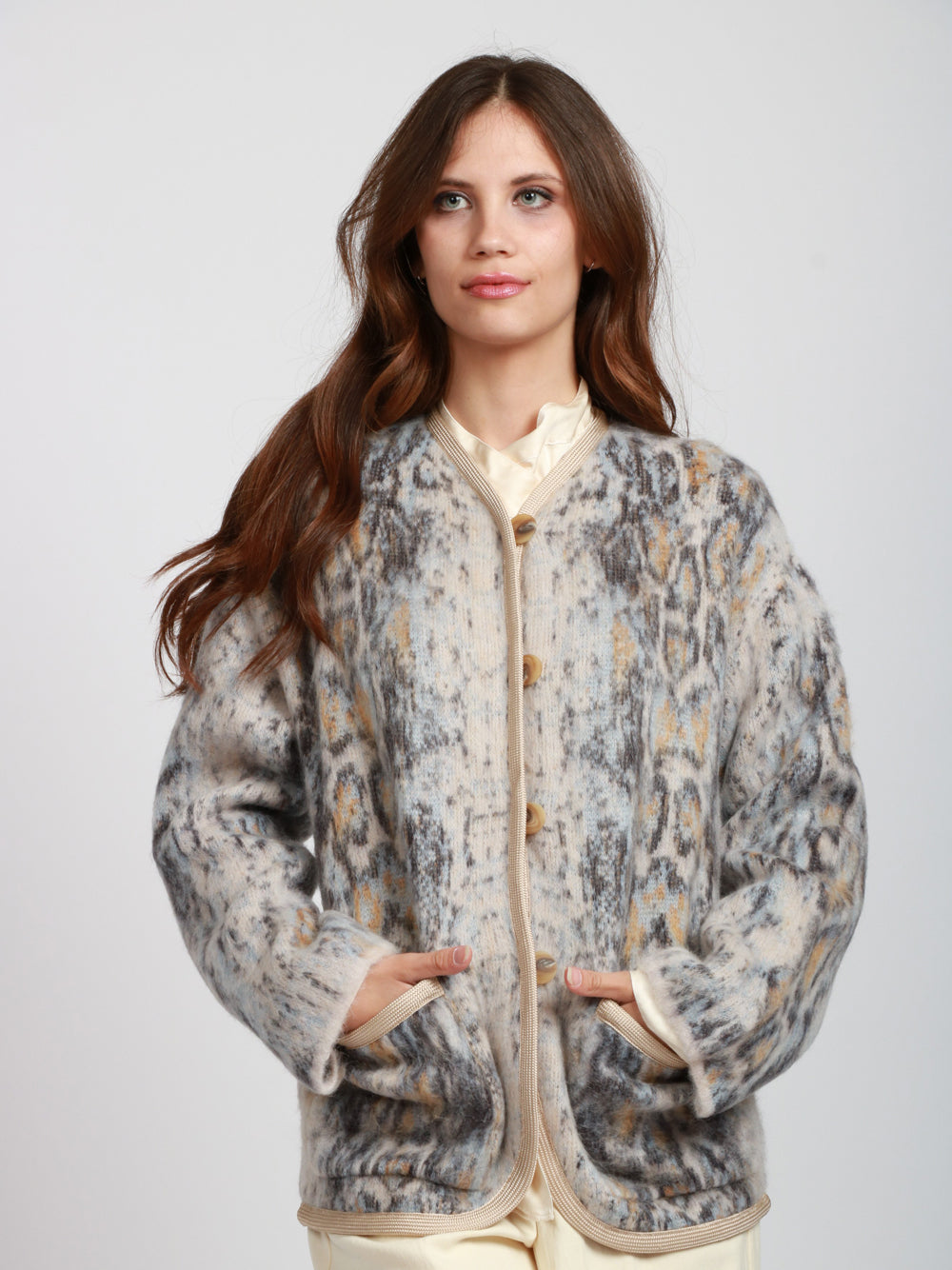 FORTE FORTE Cardigan Corto Plumes De Python in Alpaca Blu Beige/celeste/blu