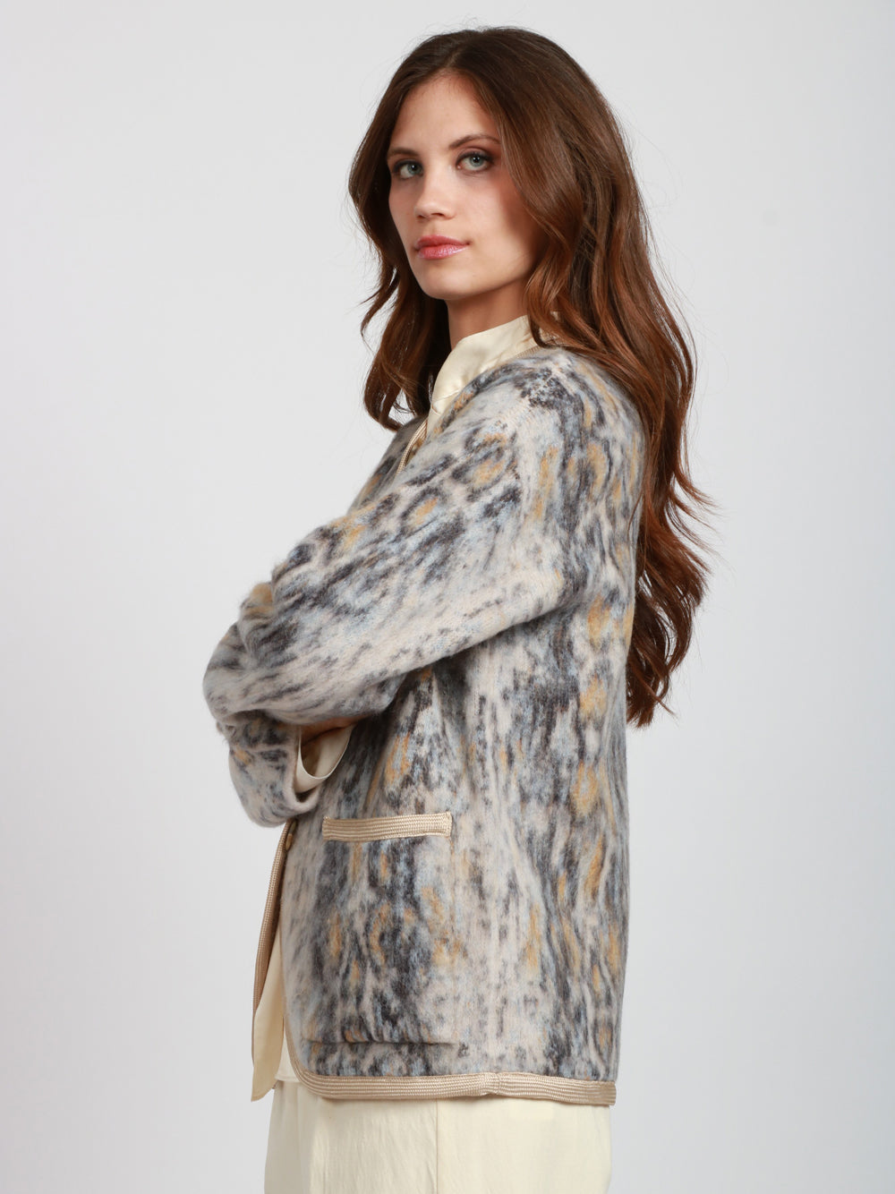 FORTE FORTE Cardigan Corto Plumes De Python in Alpaca Blu Beige/celeste/blu