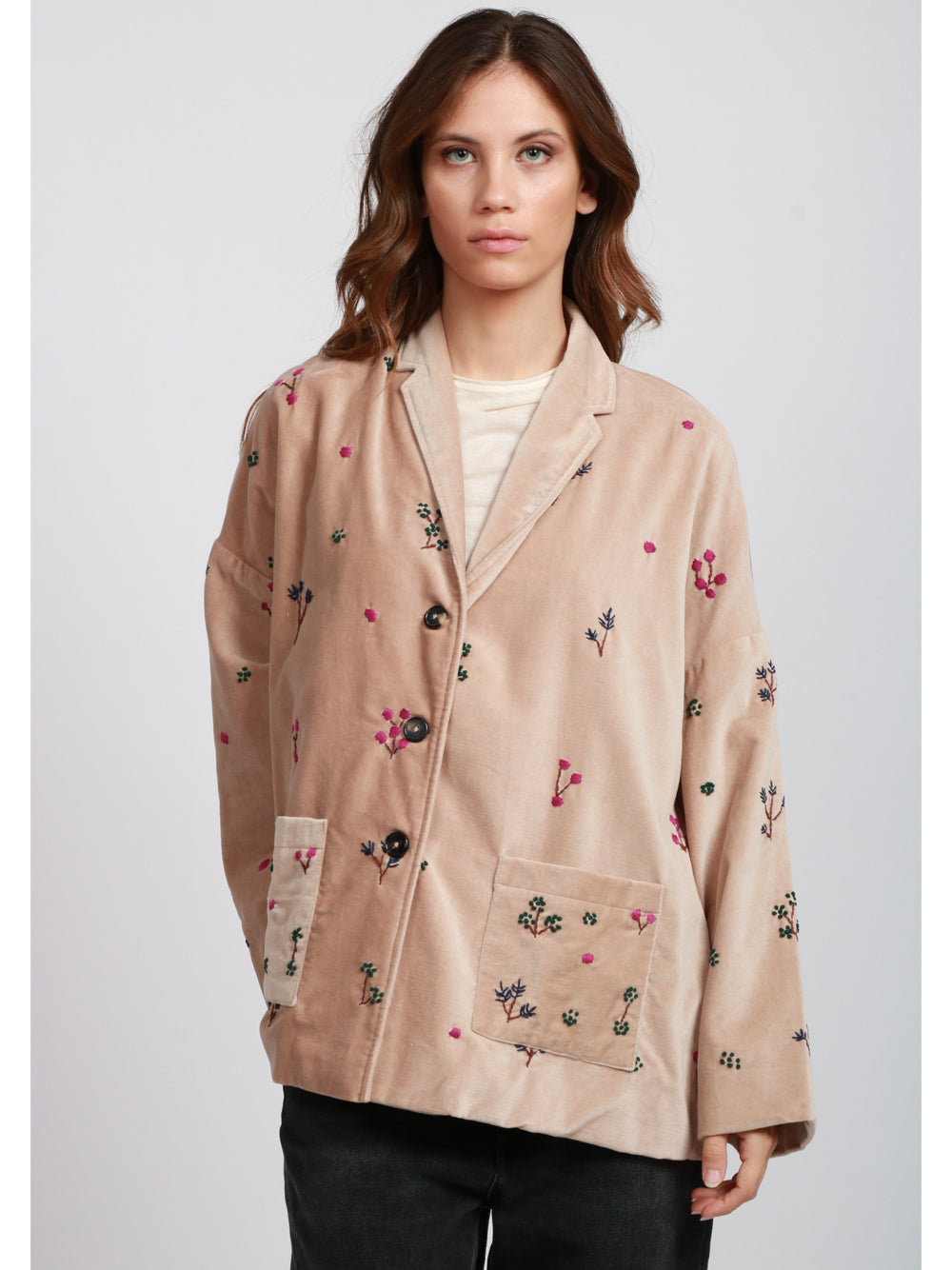 Francesca Bi Giacca Monopetto in Velluto Beige con Ricami Beige