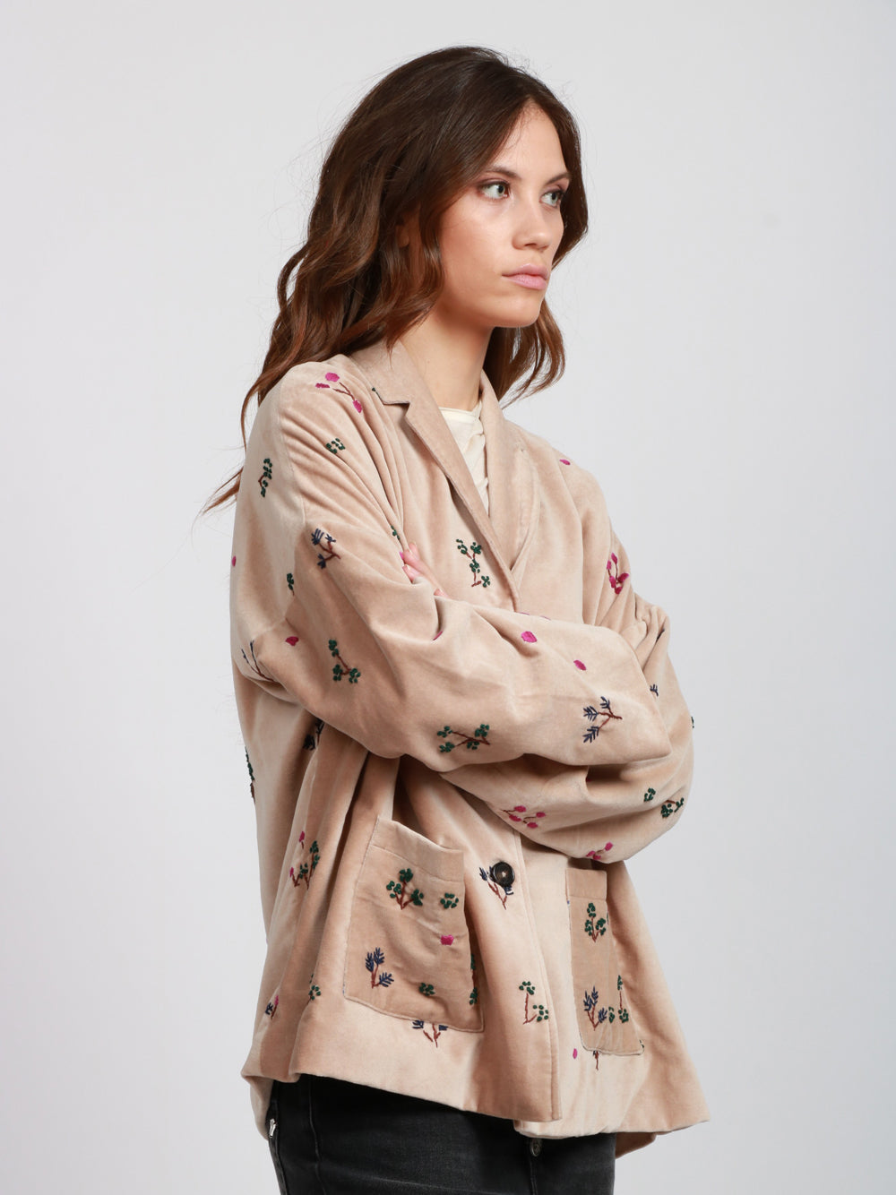 Francesca Bi Giacca Monopetto in Velluto Beige con Ricami Beige