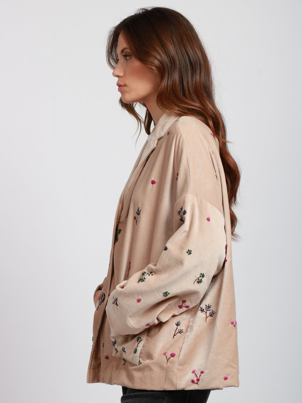 Francesca Bi Giacca Monopetto in Velluto Beige con Ricami Beige