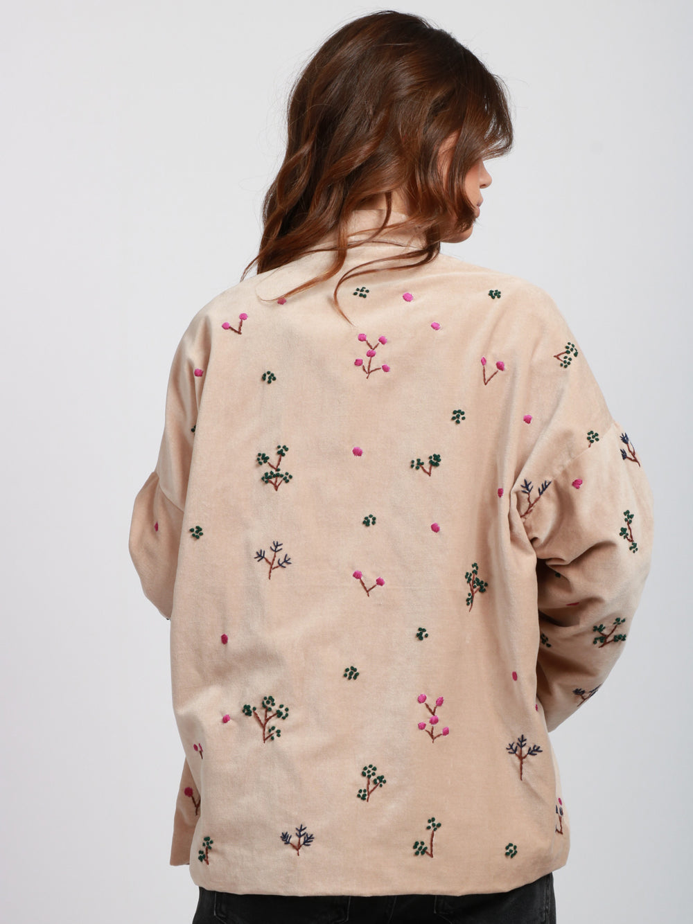 Francesca Bi Giacca Monopetto in Velluto Beige con Ricami Beige