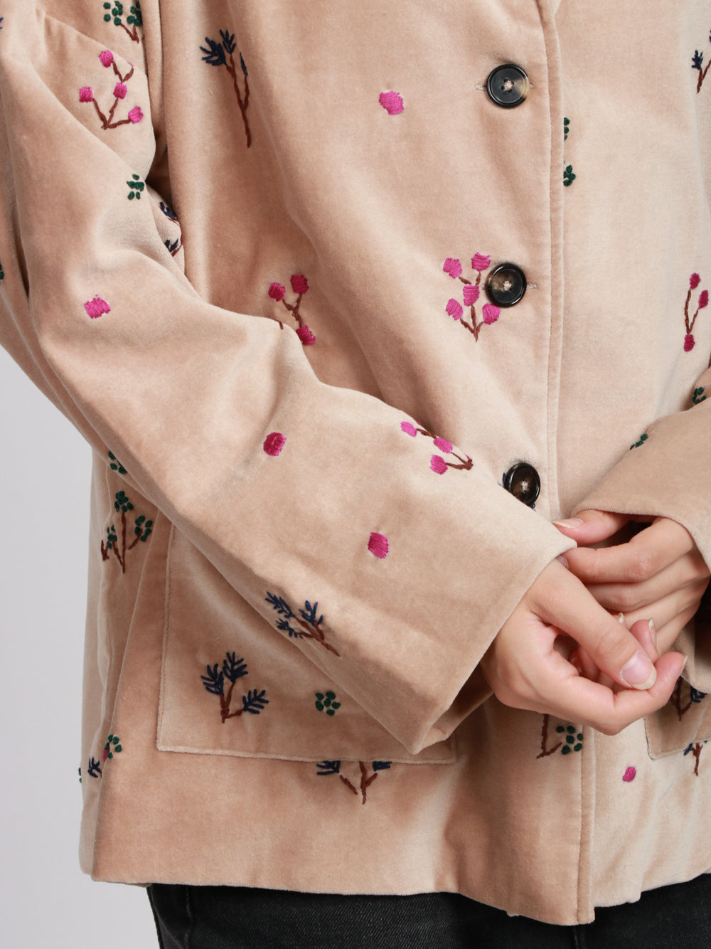 Francesca Bi Giacca Monopetto in Velluto Beige con Ricami Beige