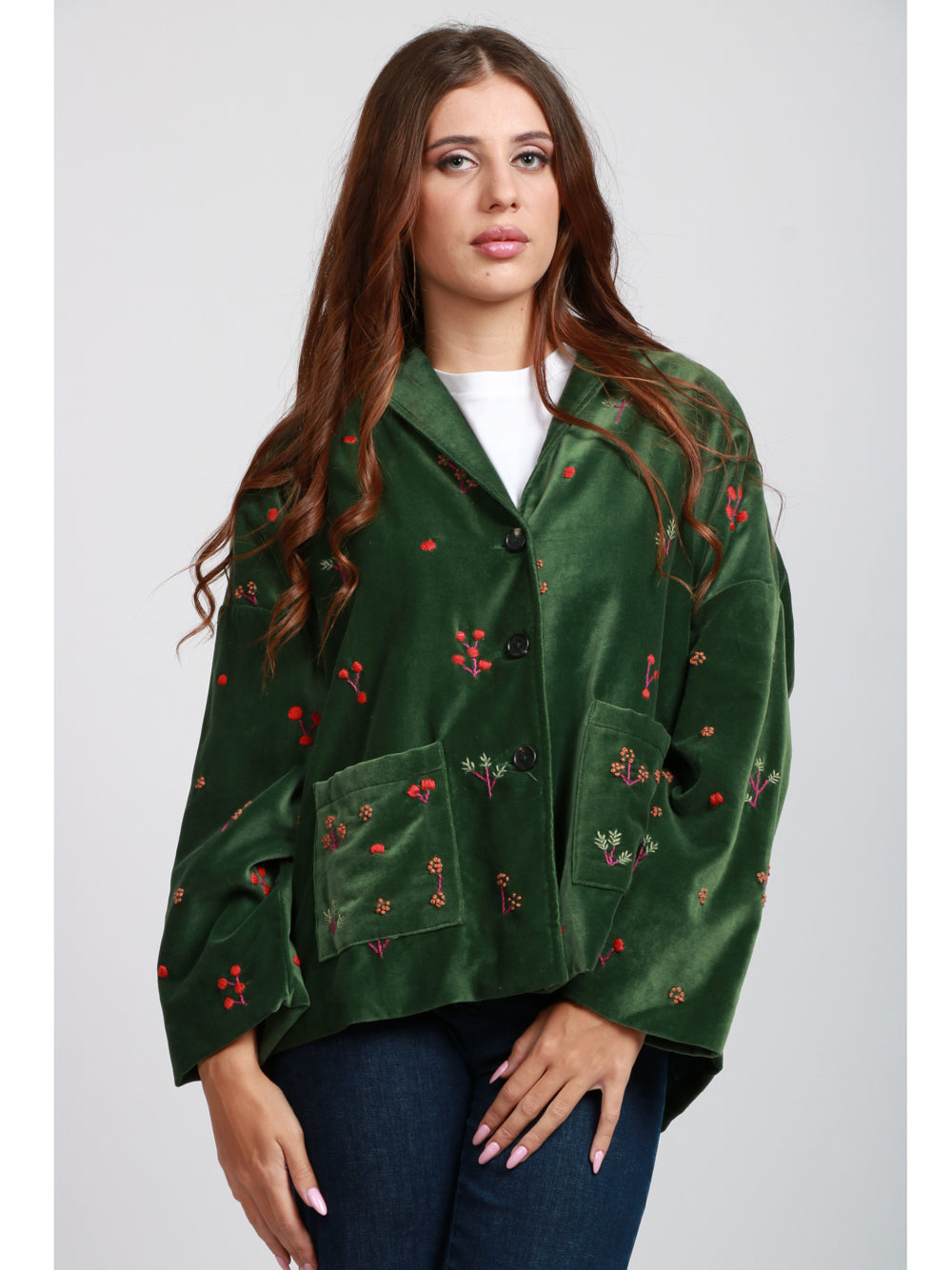 Francesca Bi Giacca Monopetto in Velluto Verde con Ricami Verde