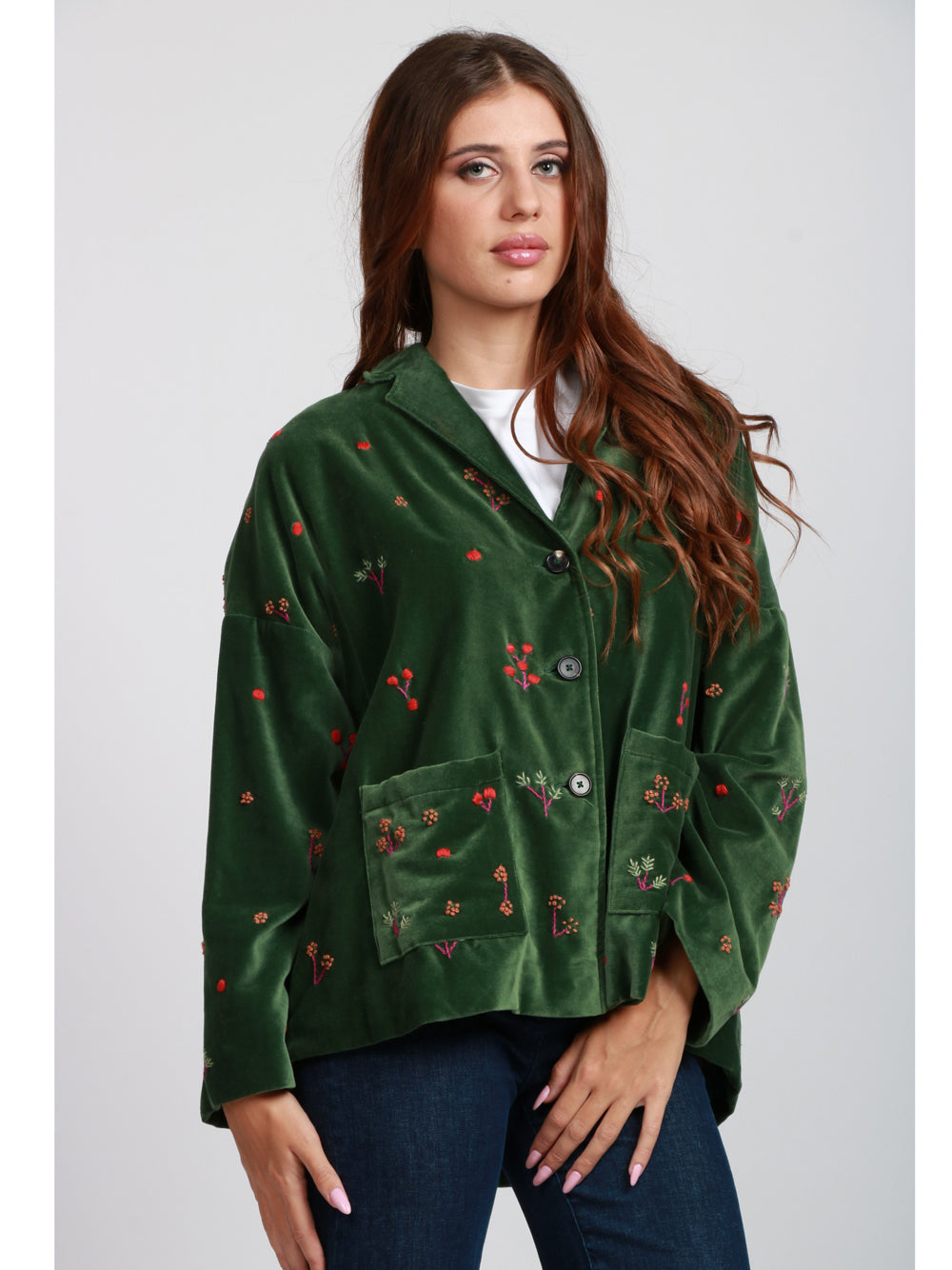 Francesca Bi Giacca Monopetto in Velluto Verde con Ricami Verde