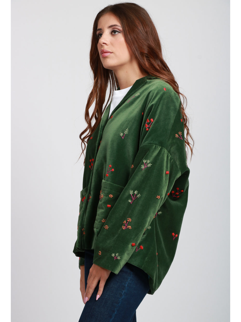 Francesca Bi Giacca Monopetto in Velluto Verde con Ricami Verde