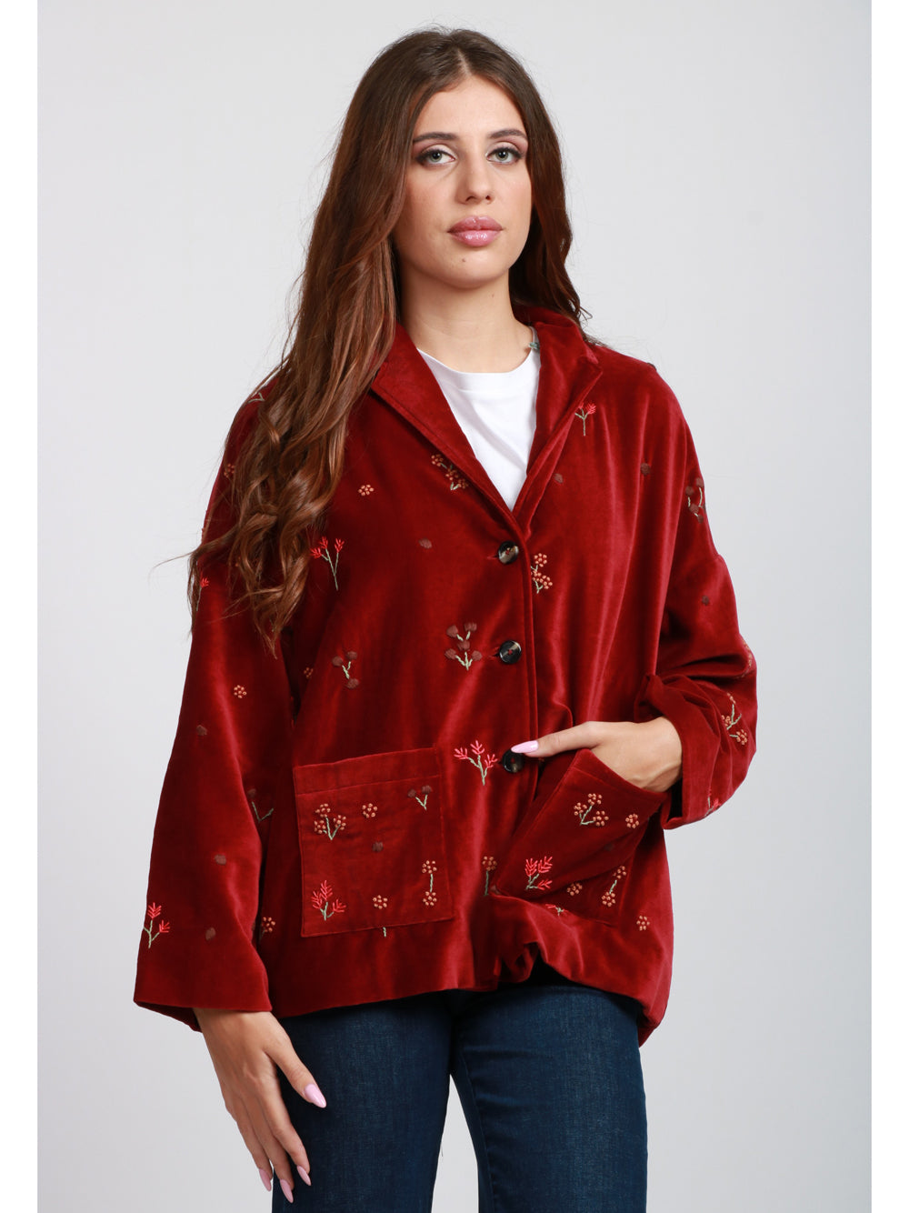Francesca Bi Giacca Monopetto in Velluto Rossa con Ricami Rosso