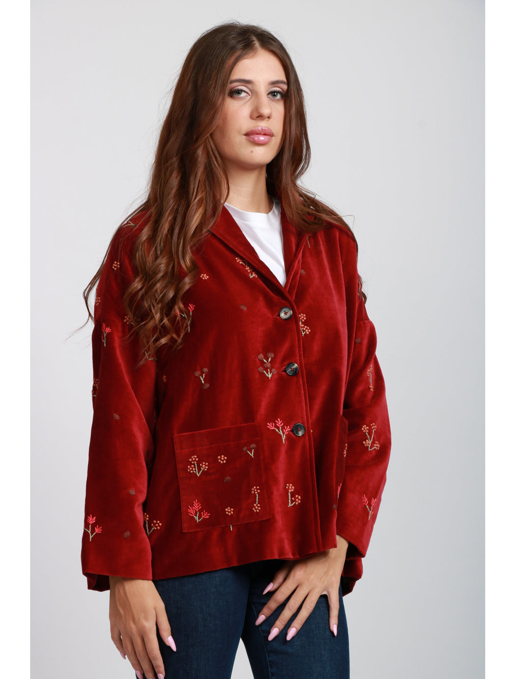 Francesca Bi Giacca Monopetto in Velluto Rossa con Ricami Rosso