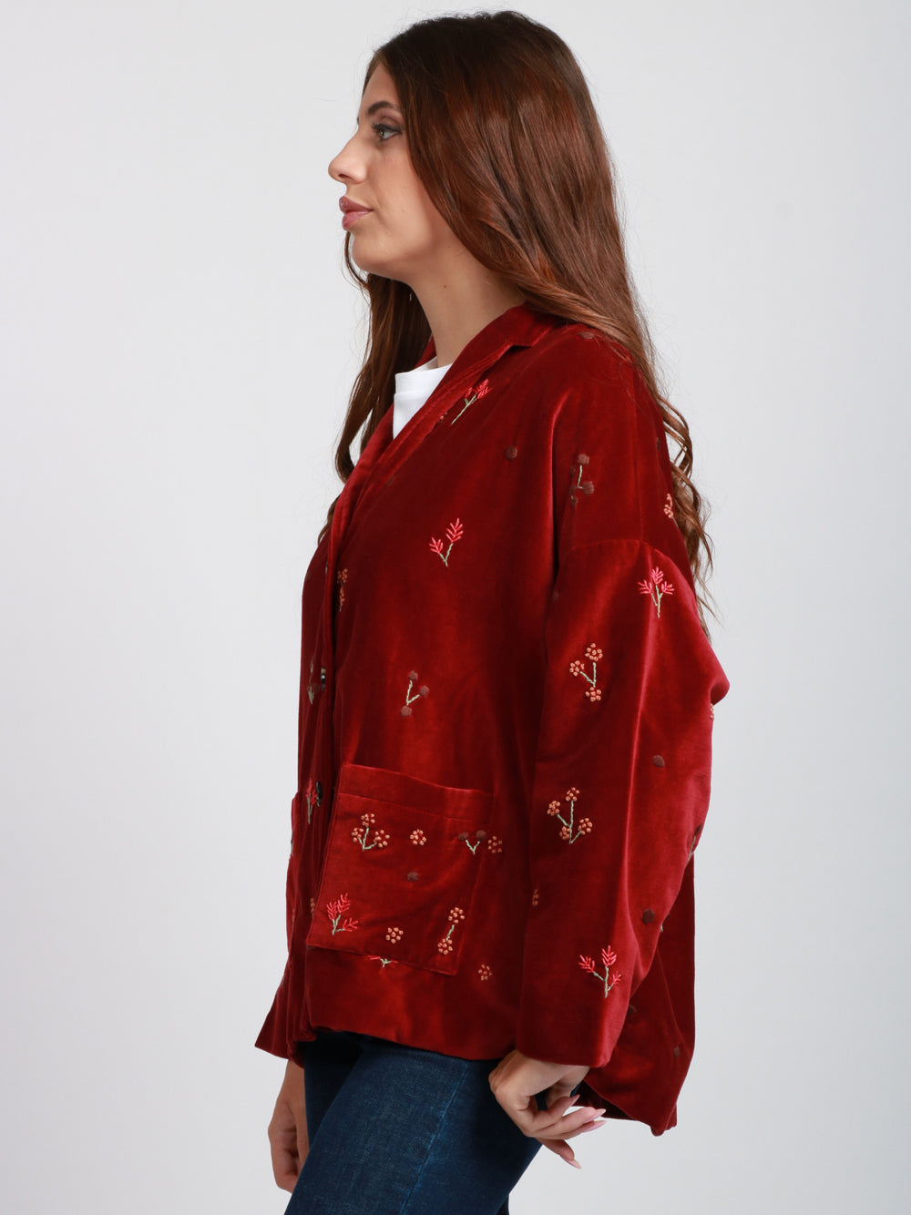 Francesca Bi Giacca Monopetto in Velluto Rossa con Ricami Rosso