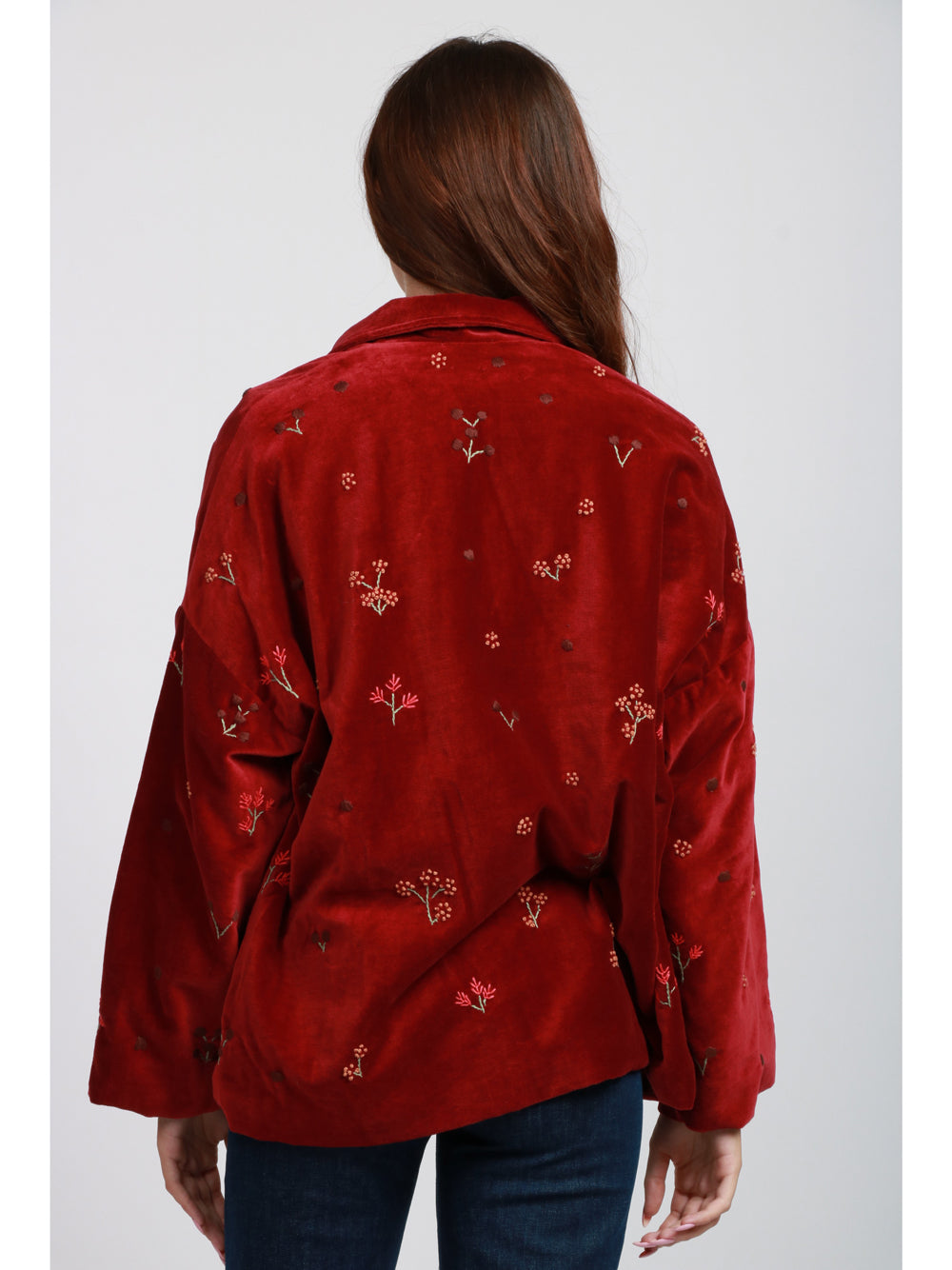 Francesca Bi Giacca Monopetto in Velluto Rossa con Ricami Rosso