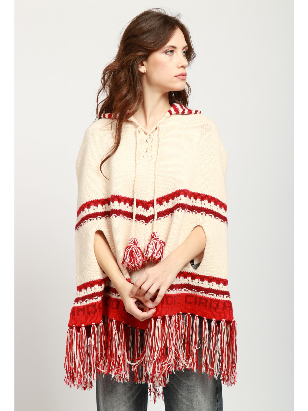 GIADA BENINCASA Poncho Aspen B.B in Lana e Cashmere Panna e Rosso Panna/rosso
