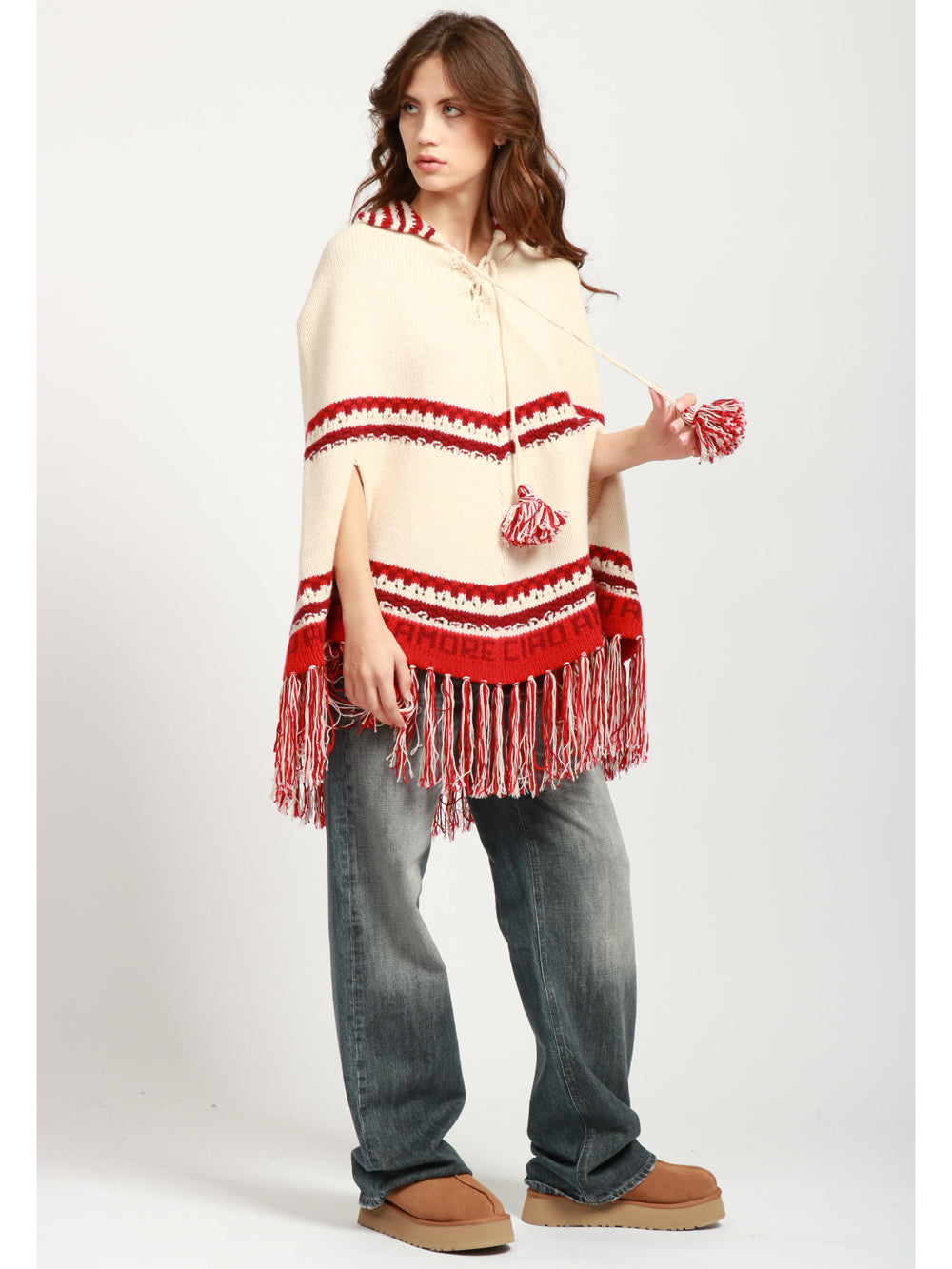 GIADA BENINCASA Poncho Aspen B.B in Lana e Cashmere Panna e Rosso Panna/rosso
