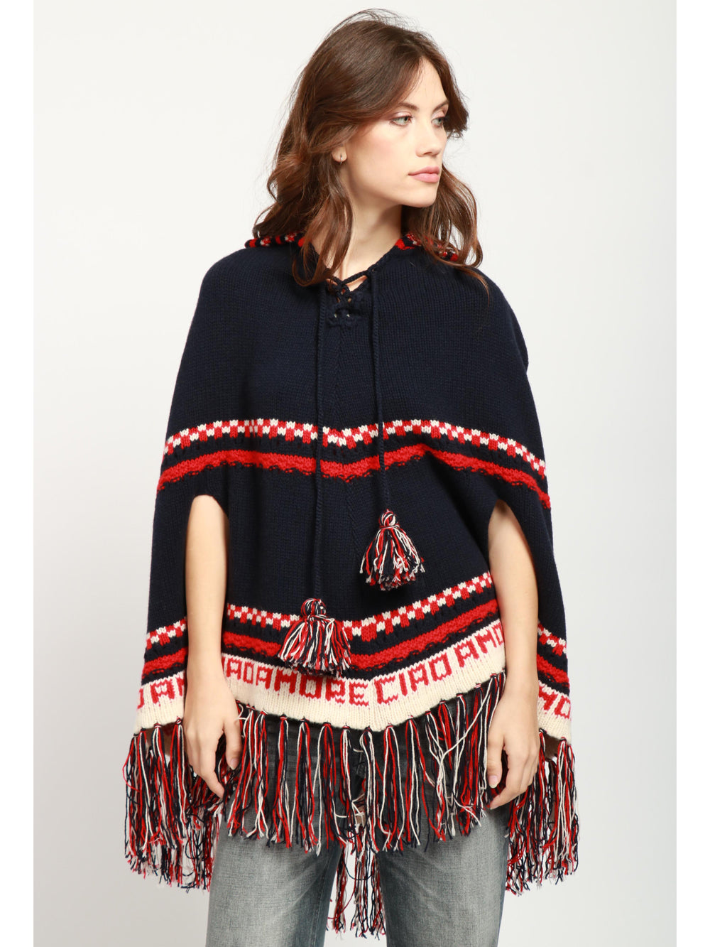 GIADA BENINCASA Poncho Aspen B.B in Lana e Cashmere Blu e Rosso Blu/panna