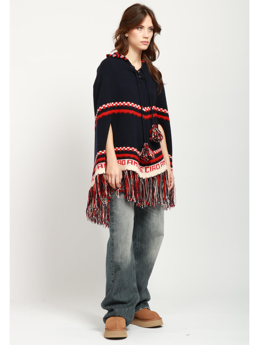 GIADA BENINCASA Poncho Aspen B.B in Lana e Cashmere Blu e Rosso Blu/panna