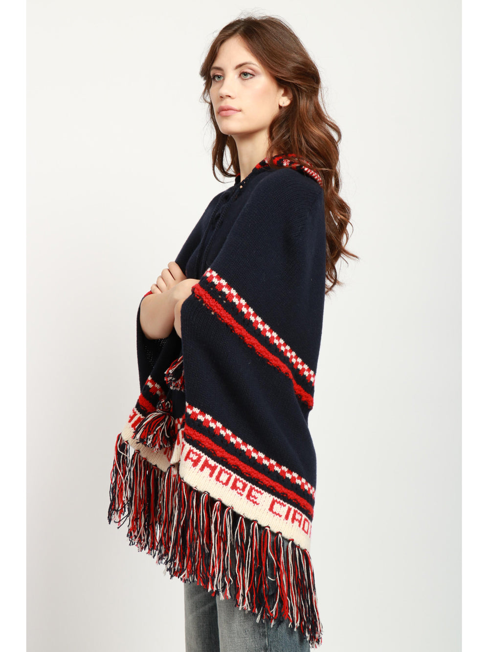 GIADA BENINCASA Poncho Aspen B.B in Lana e Cashmere Blu e Rosso Blu/panna