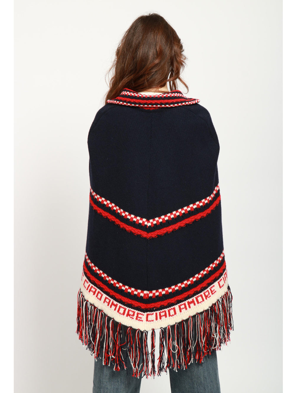 GIADA BENINCASA Poncho Aspen B.B in Lana e Cashmere Blu e Rosso Blu/panna
