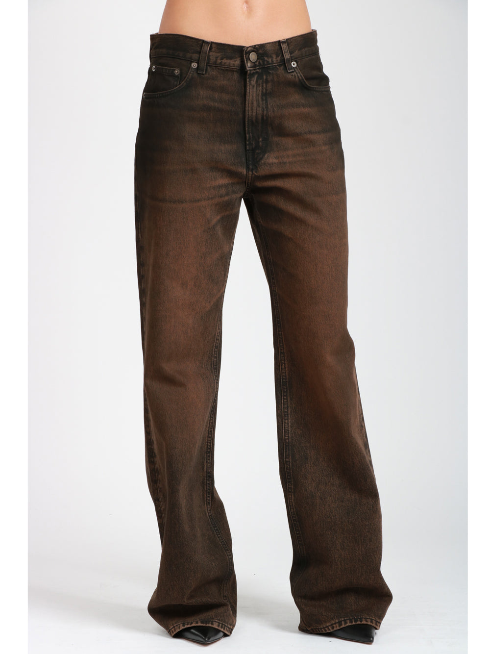 HAIKURE Jeans Korea in Denim Neri Marroni con Gamba Dritta Marrone