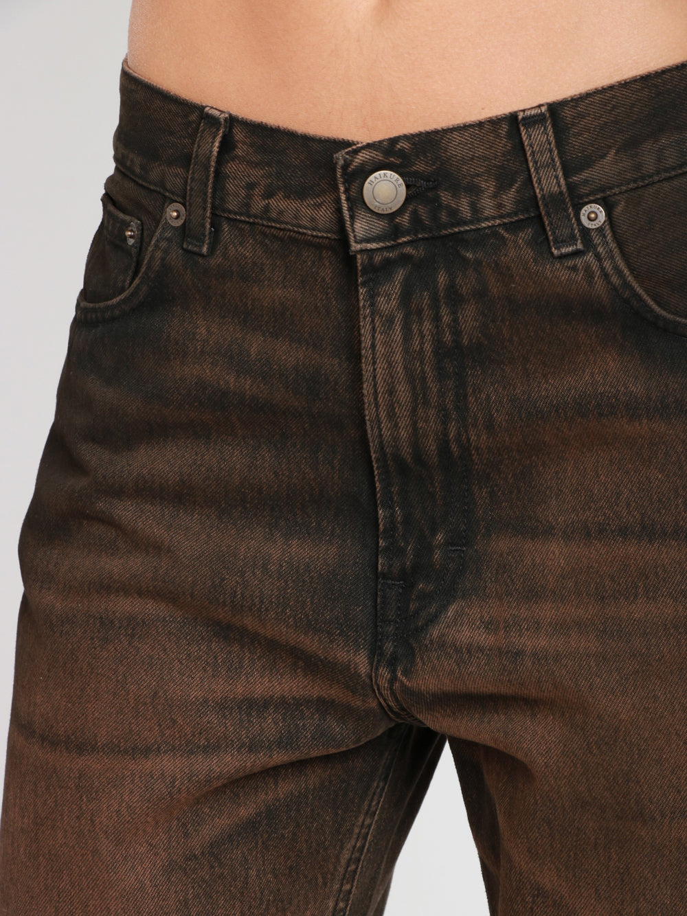 HAIKURE Jeans Korea in Denim Neri Marroni con Gamba Dritta Marrone