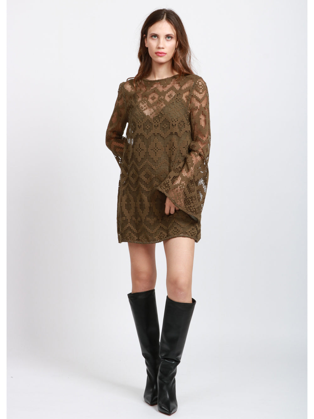 LAVI Vestito Mila Corto in Pizzo di Misto Lana Verde Militare Verde