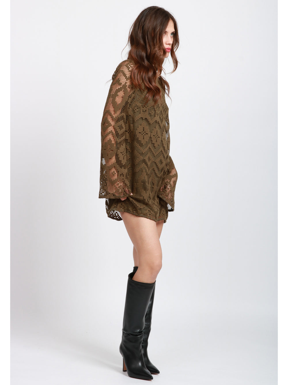 LAVI Vestito Mila Corto in Pizzo di Misto Lana Verde Militare Verde