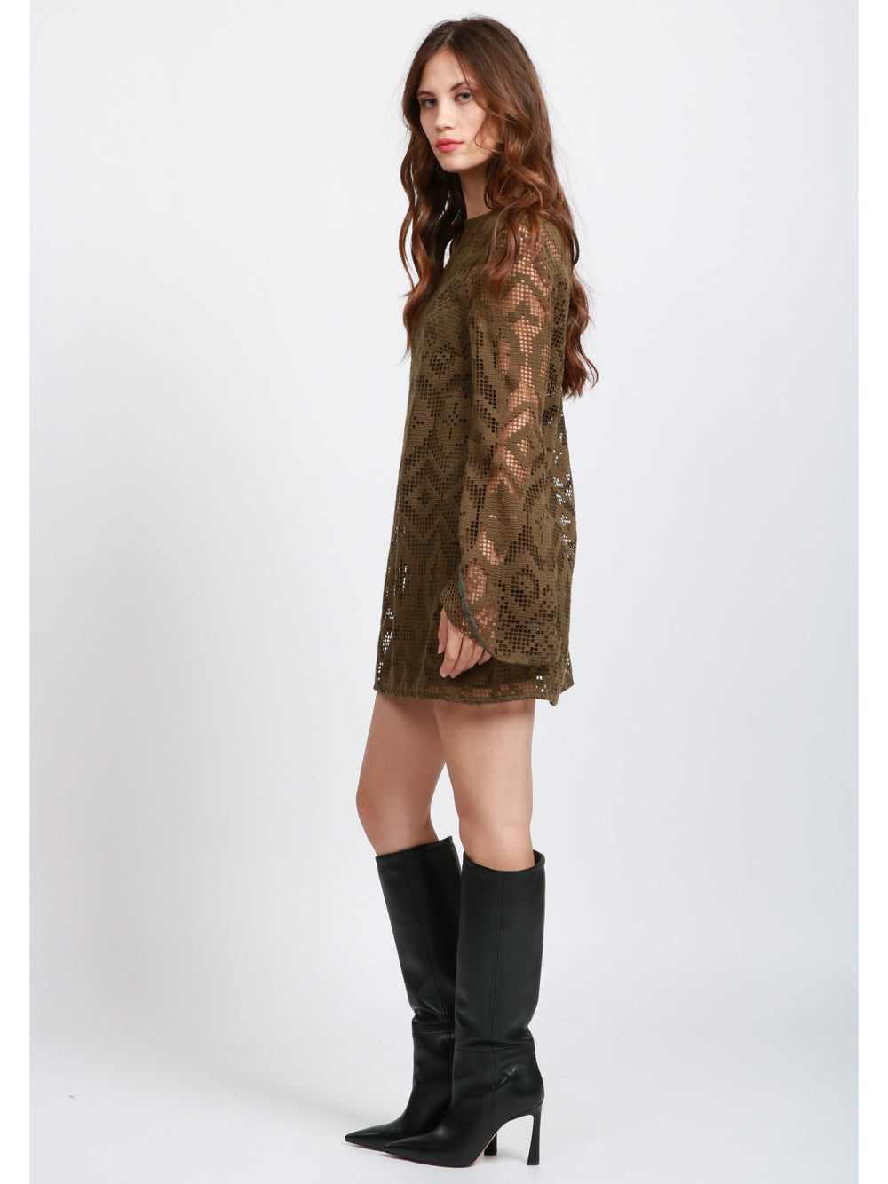 LAVI Vestito Mila Corto in Pizzo di Misto Lana Verde Militare Verde